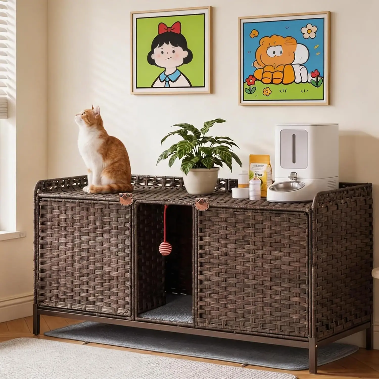 Chic Wicker Cat Box Cabinet